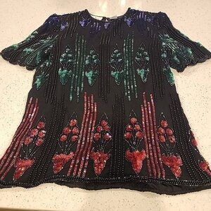 vintage lawrence kazar Evening Shirt M Black Sequin Beads Silk